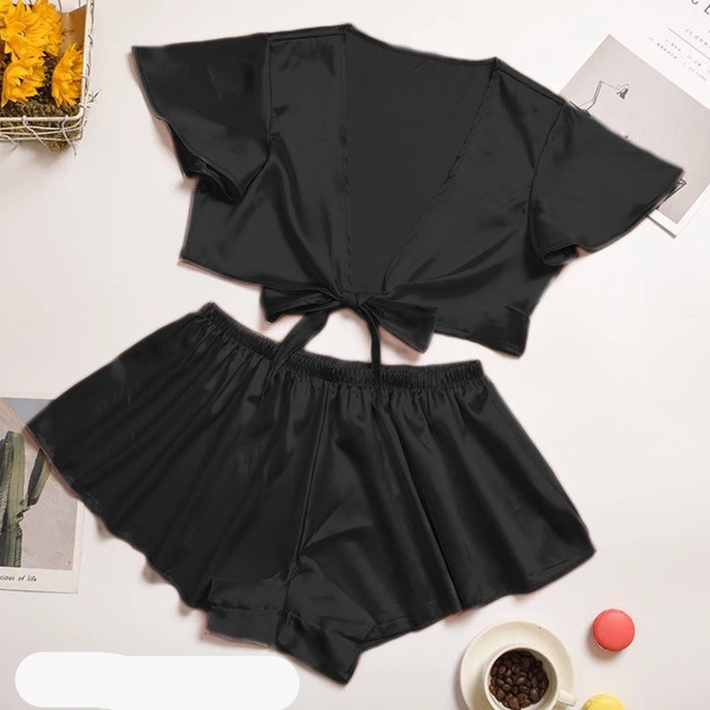 silk imitation front knot shirt with elastic boxer sleepwear set CHK # p39
