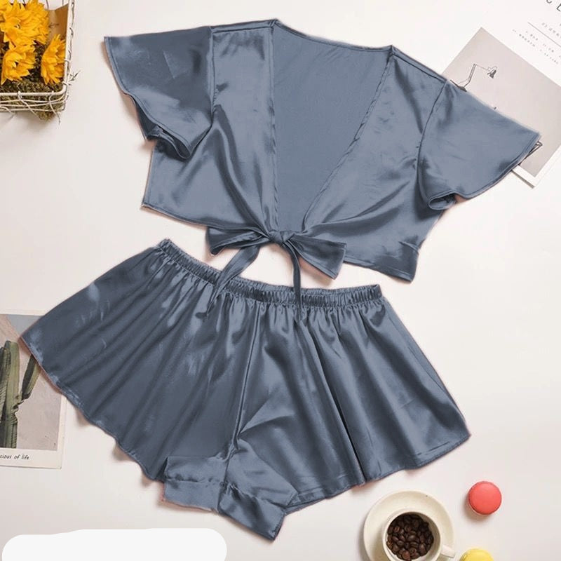 silk imitation front knot shirt with elastic boxer sleepwear set CHK # p39