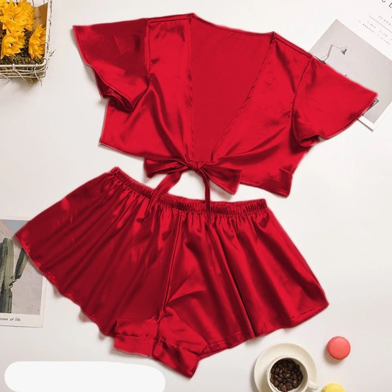 silk imitation front knot shirt with elastic boxer sleepwear set CHK # p39