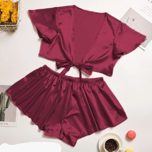 silk imitation front knot shirt with elastic boxer sleepwear set CHK # p39