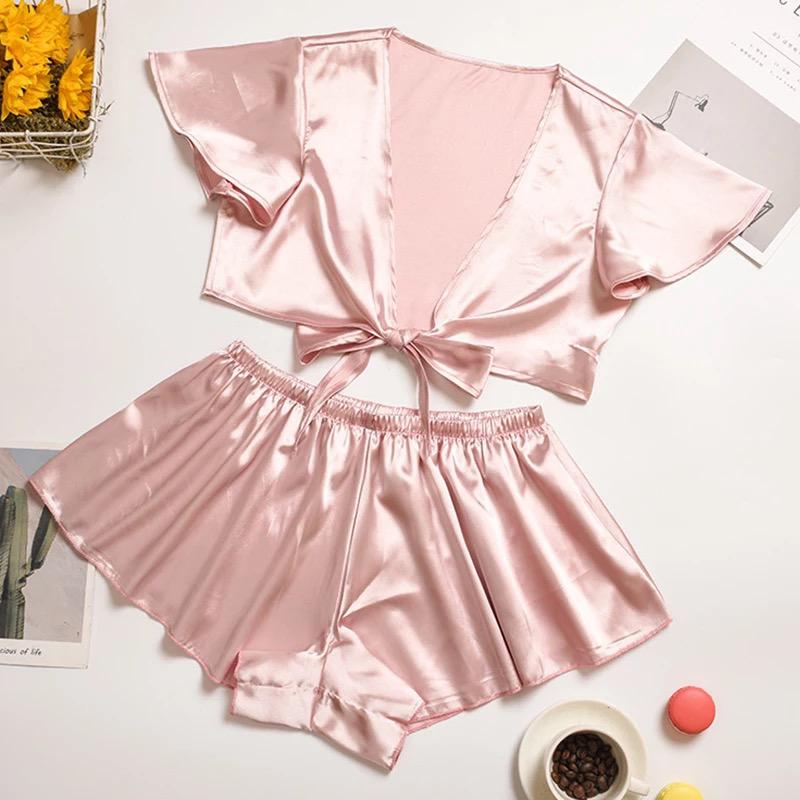 silk imitation front knot shirt with elastic boxer sleepwear set CHK # p39