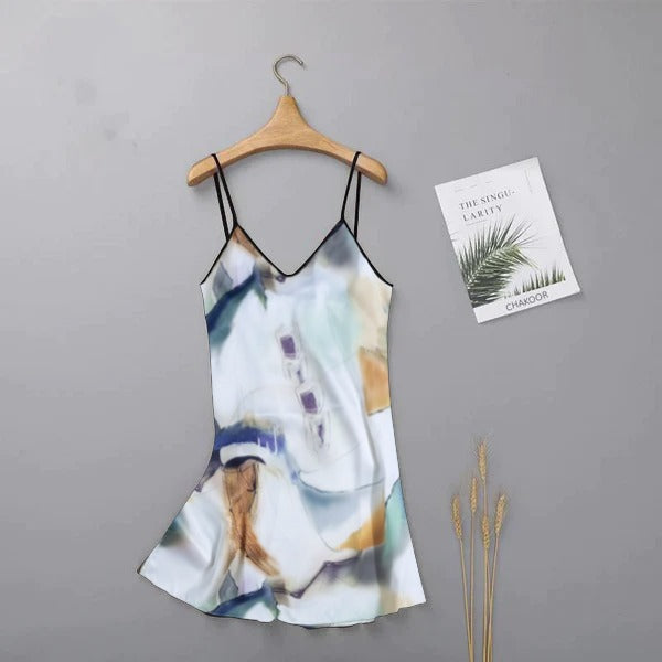chk # P64  long silk intimate casual Rock printed women sleepwear top