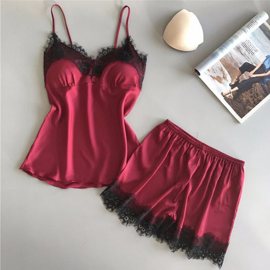 CHK # p72  Love in Silk Lace Top & Short Non Padded Cami Set