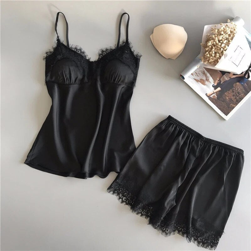 CHK # p72  Love in Silk Lace Top & Short Non Padded Cami Set