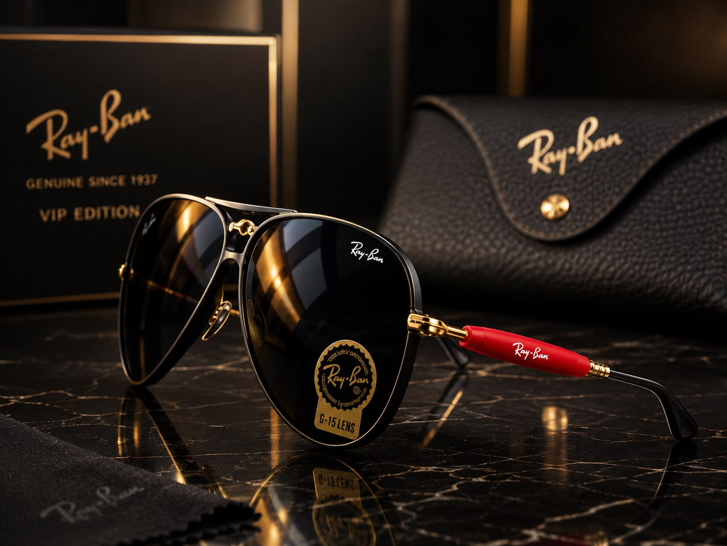 (GS-16) Ray-Ban Aviator Premium Black & Gold Sunglasses | Luxury VIP Edition | UV400 Protection