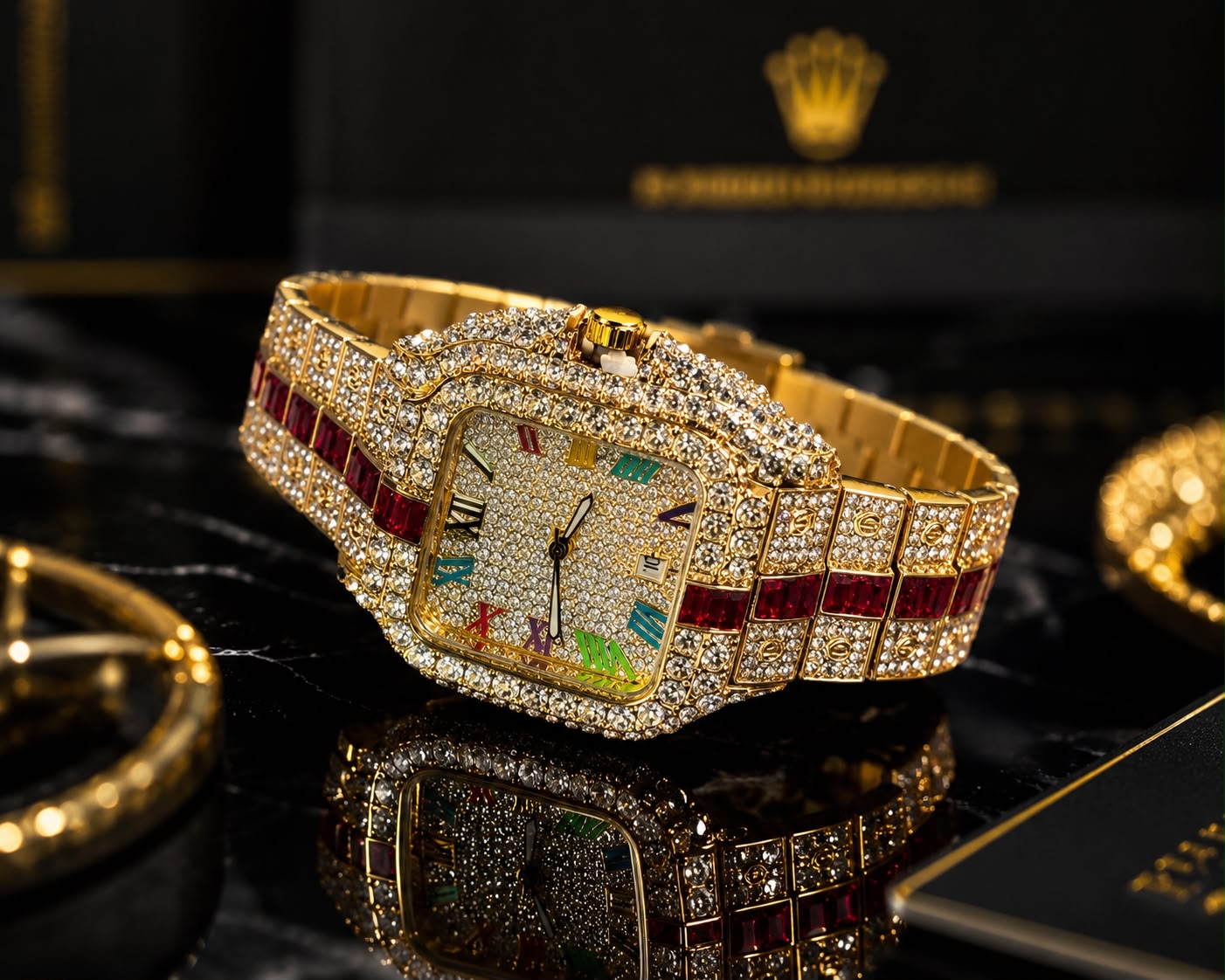 (WH-3) Luxury Gold Crystal Watch with Ruby Red Stone Bracelet | Premium Stainless Steel Wrist Watch