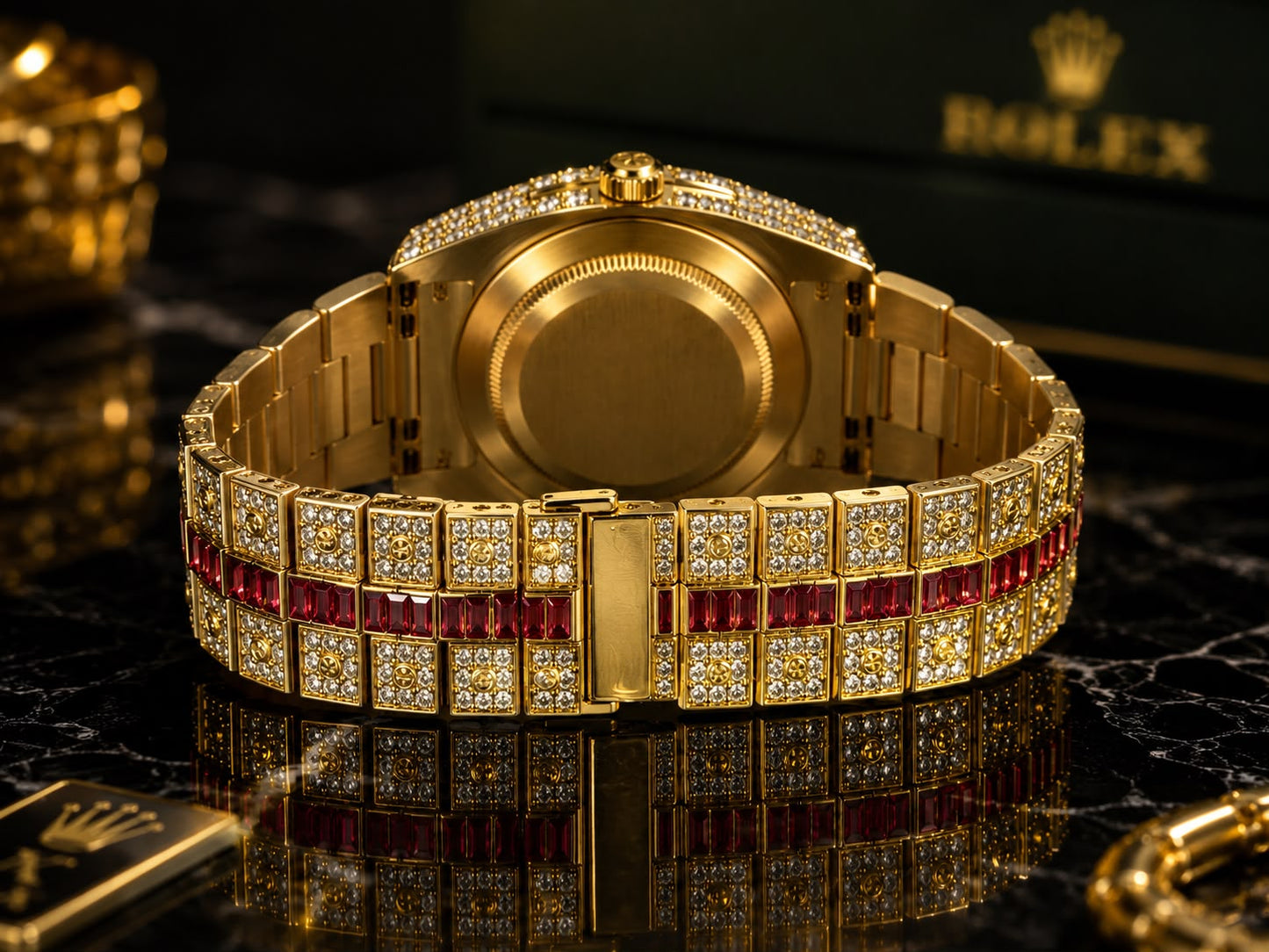 (WH-3) Luxury Gold Crystal Watch with Ruby Red Stone Bracelet | Premium Stainless Steel Wrist Watch