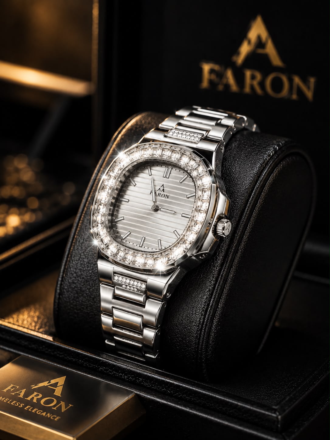 (WH-4) FARON FR-8801 Luxury Silver Stainless Steel Watch | Crystal Bezel | Premium Men's Wrist Watch