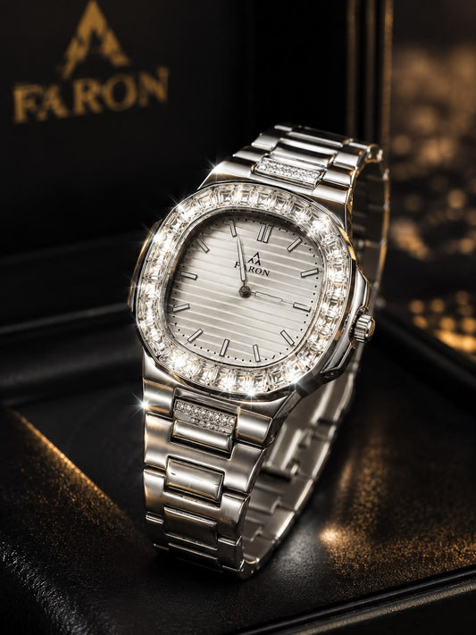 (WH-4) FARON FR-8801 Luxury Silver Stainless Steel Watch | Crystal Bezel | Premium Men's Wrist Watch