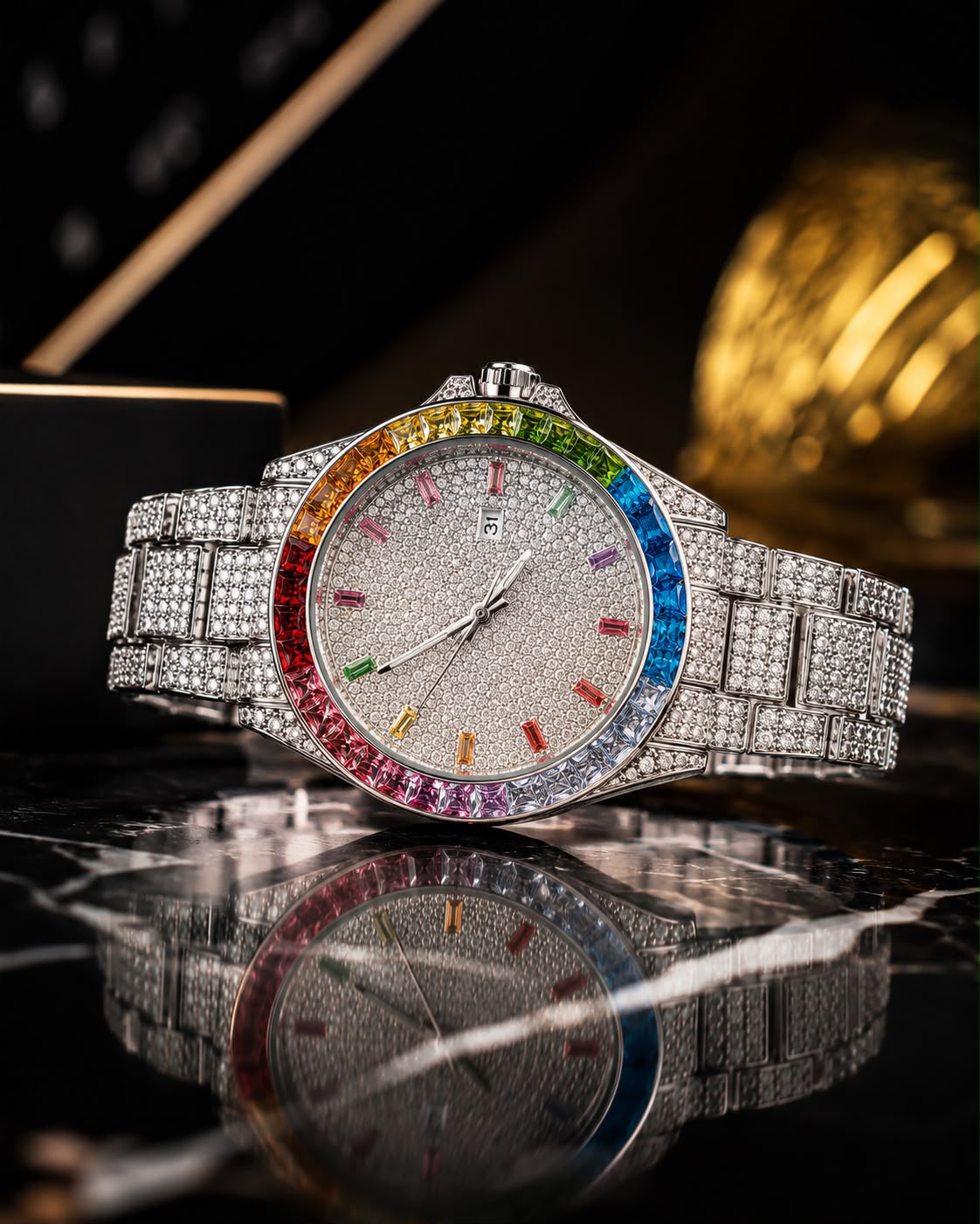 (WH-2) Luxury Silver Rainbow Crystal Watch | Full Iced-Out Stainless Steel Watch