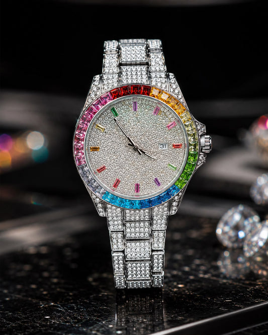 (WH-2) Luxury Silver Rainbow Crystal Watch | Full Iced-Out Stainless Steel Watch