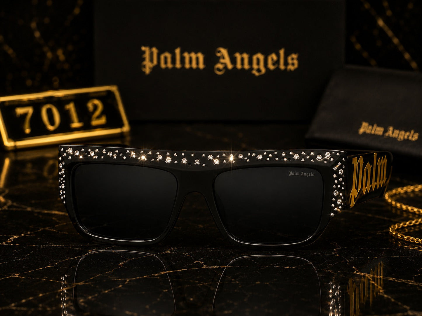 (GS-13) Palm Angels Luxury Crystal Oversized Square Sunglasses – White & Gold | Premium UV400 Eyewear