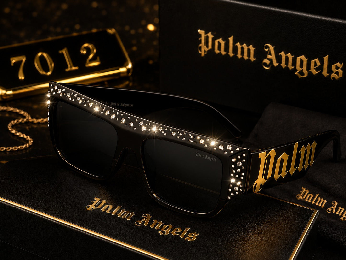 (GS-13) Palm Angels Luxury Crystal Oversized Square Sunglasses – White & Gold | Premium UV400 Eyewear