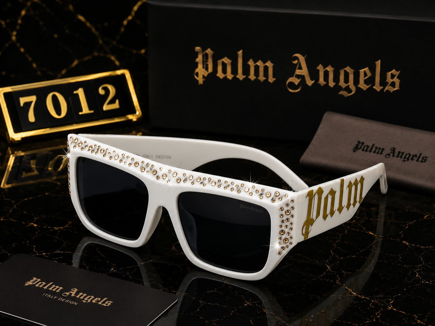 (GS-13) Palm Angels Luxury Crystal Oversized Square Sunglasses – White & Gold | Premium UV400 Eyewear