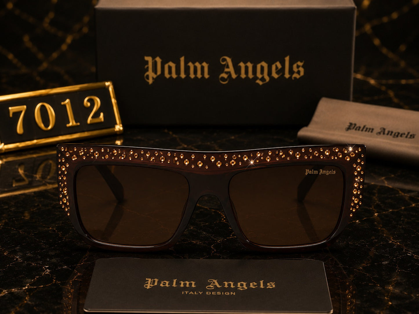 (GS-13) Palm Angels Luxury Crystal Oversized Square Sunglasses – White & Gold | Premium UV400 Eyewear