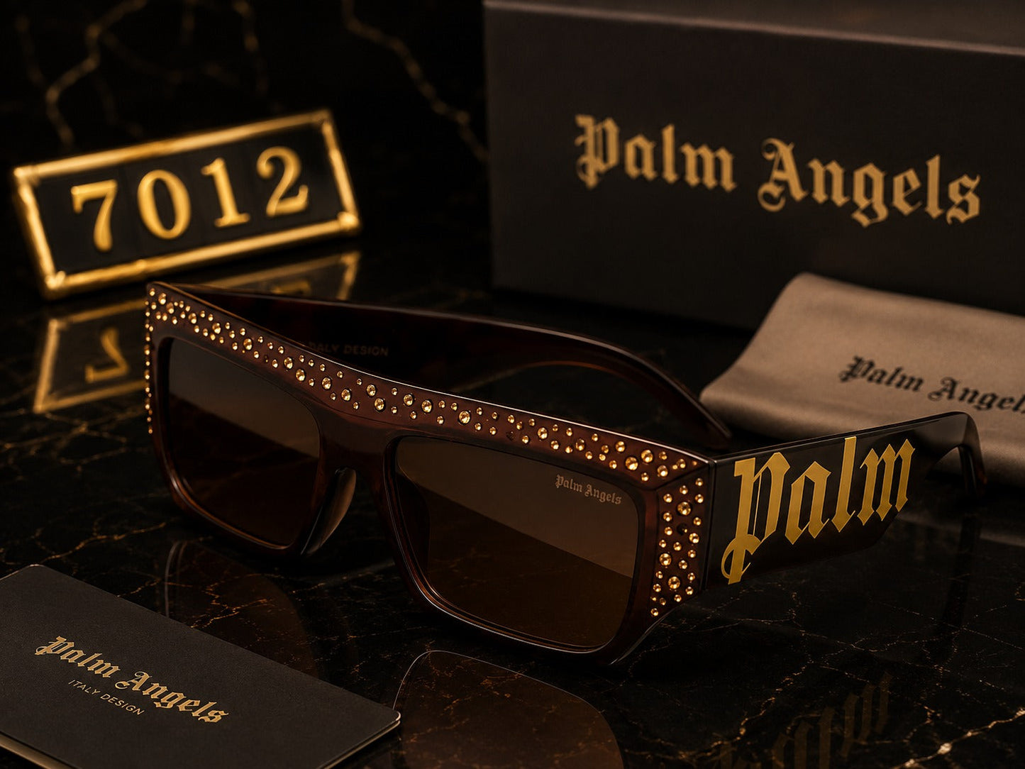 (GS-13) Palm Angels Luxury Crystal Oversized Square Sunglasses – White & Gold | Premium UV400 Eyewear