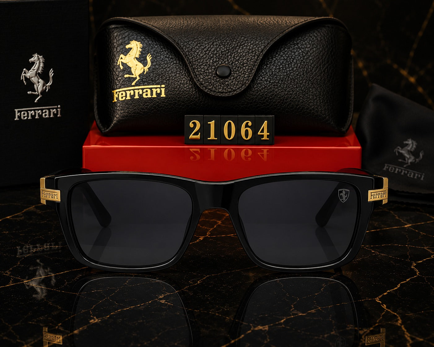 (GS-12) Ferrari Luxury Black & Gold Oversized Sunglasses | Premium UV400 Eyewear