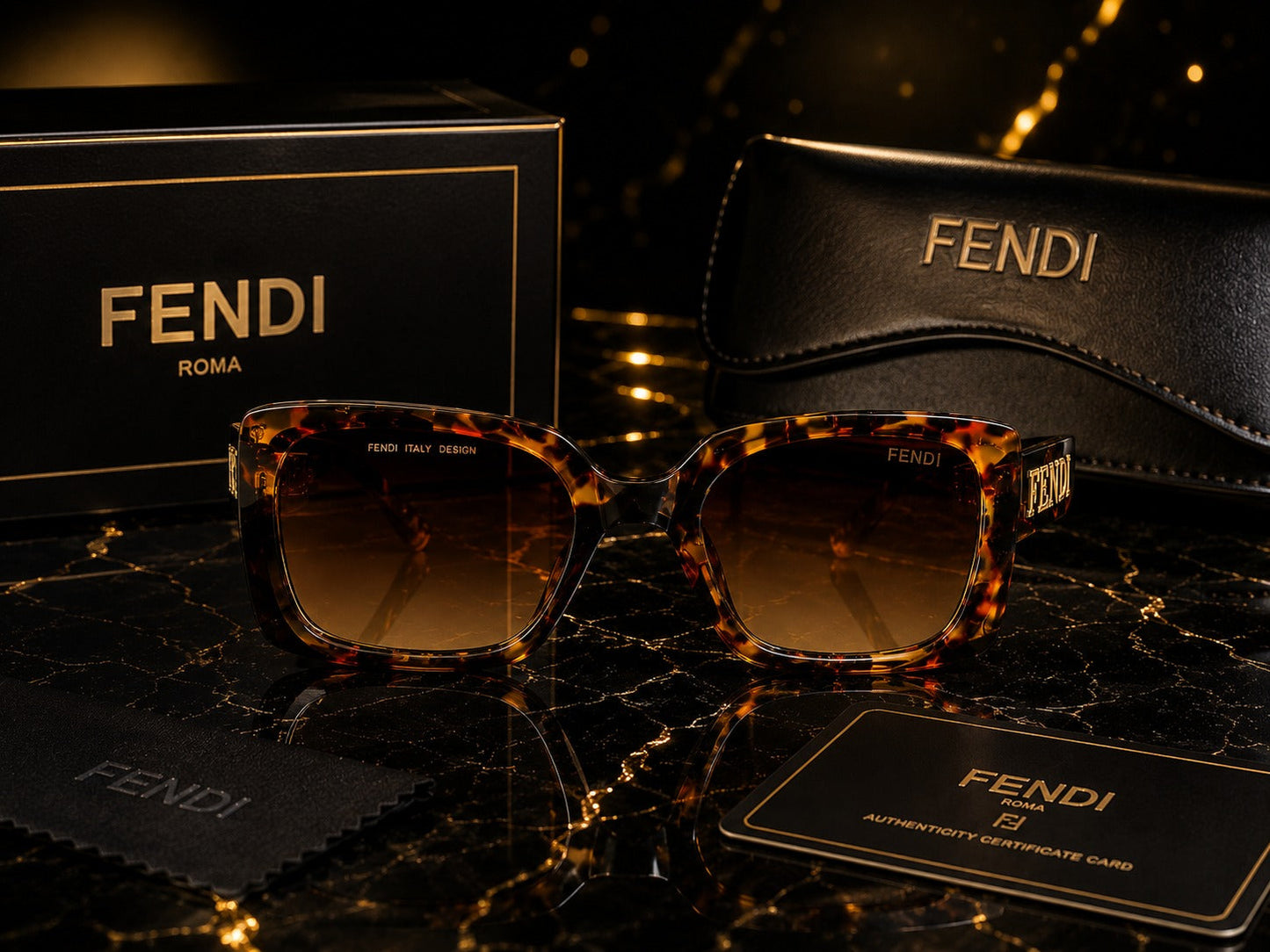 (GS-7) FENDI Women's Oversized Square Tortoise Sunglasses – Premium Luxury Eyewear | UV Protection