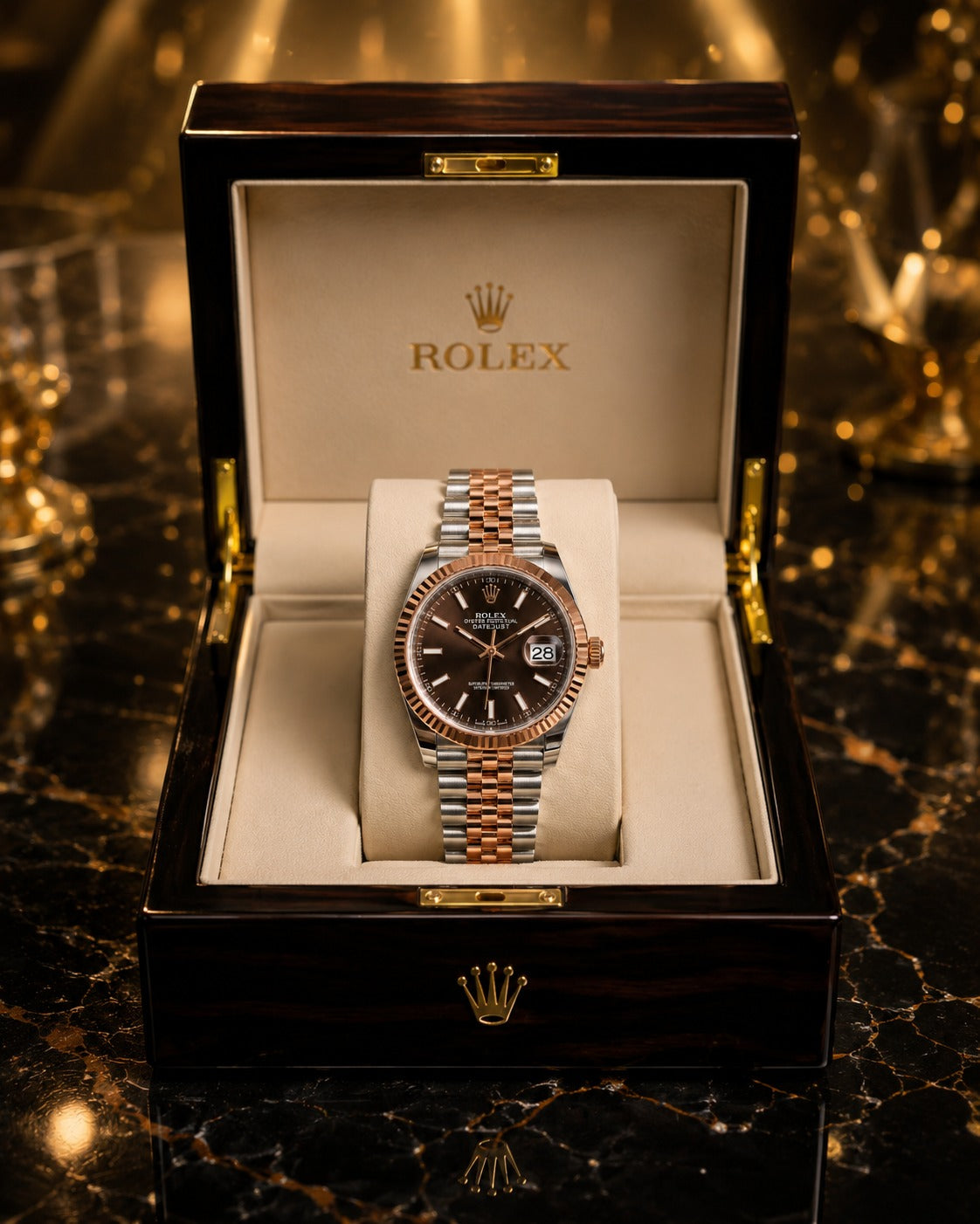 (WH-5) Luxury Two-Tone Rose Gold & Silver Automatic Watch – Premium Brown Dial with Jubilee Bracelet