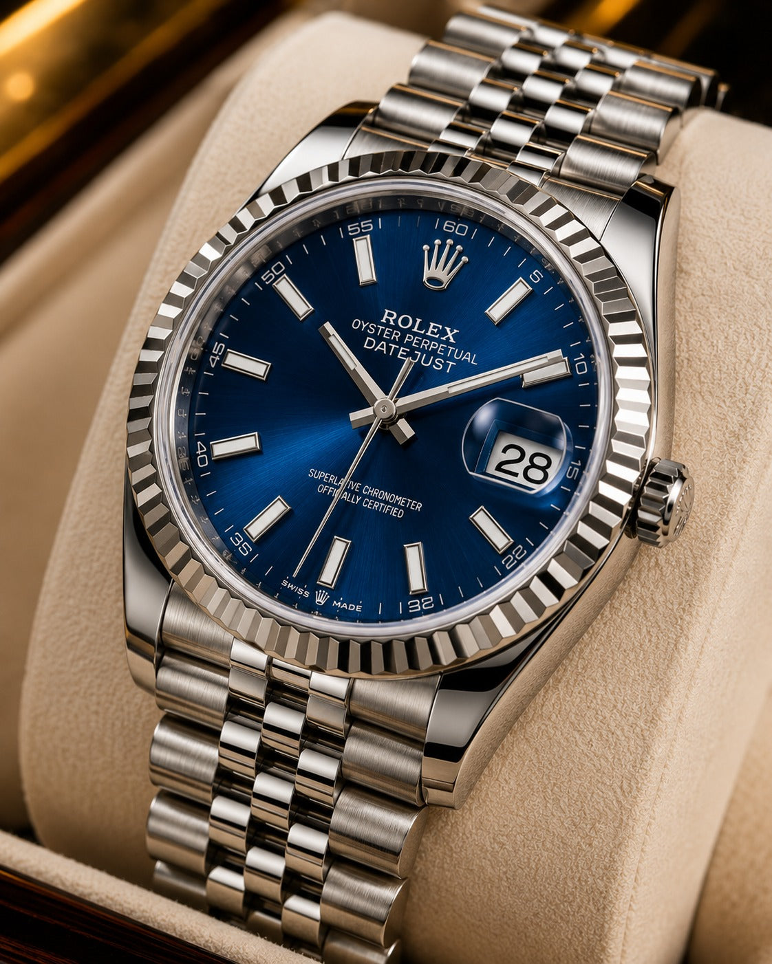 (WH-7) Luxury Blue Sunburst Dial Stainless Steel Watch – Premium Jubilee Bracelet