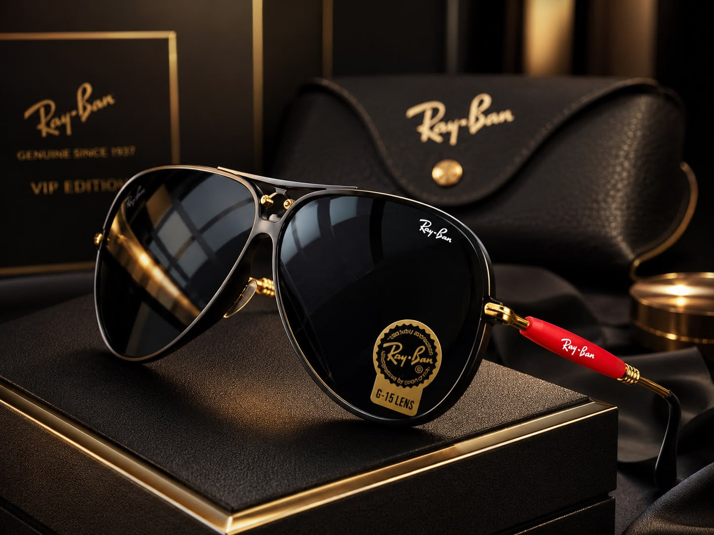 (GS-16) Ray-Ban Aviator Premium Black & Gold Sunglasses | Luxury VIP Edition | UV400 Protection