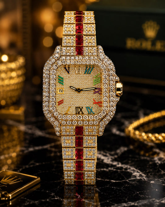 (WH-3) Luxury Gold Crystal Watch with Ruby Red Stone Bracelet | Premium Stainless Steel Wrist Watch