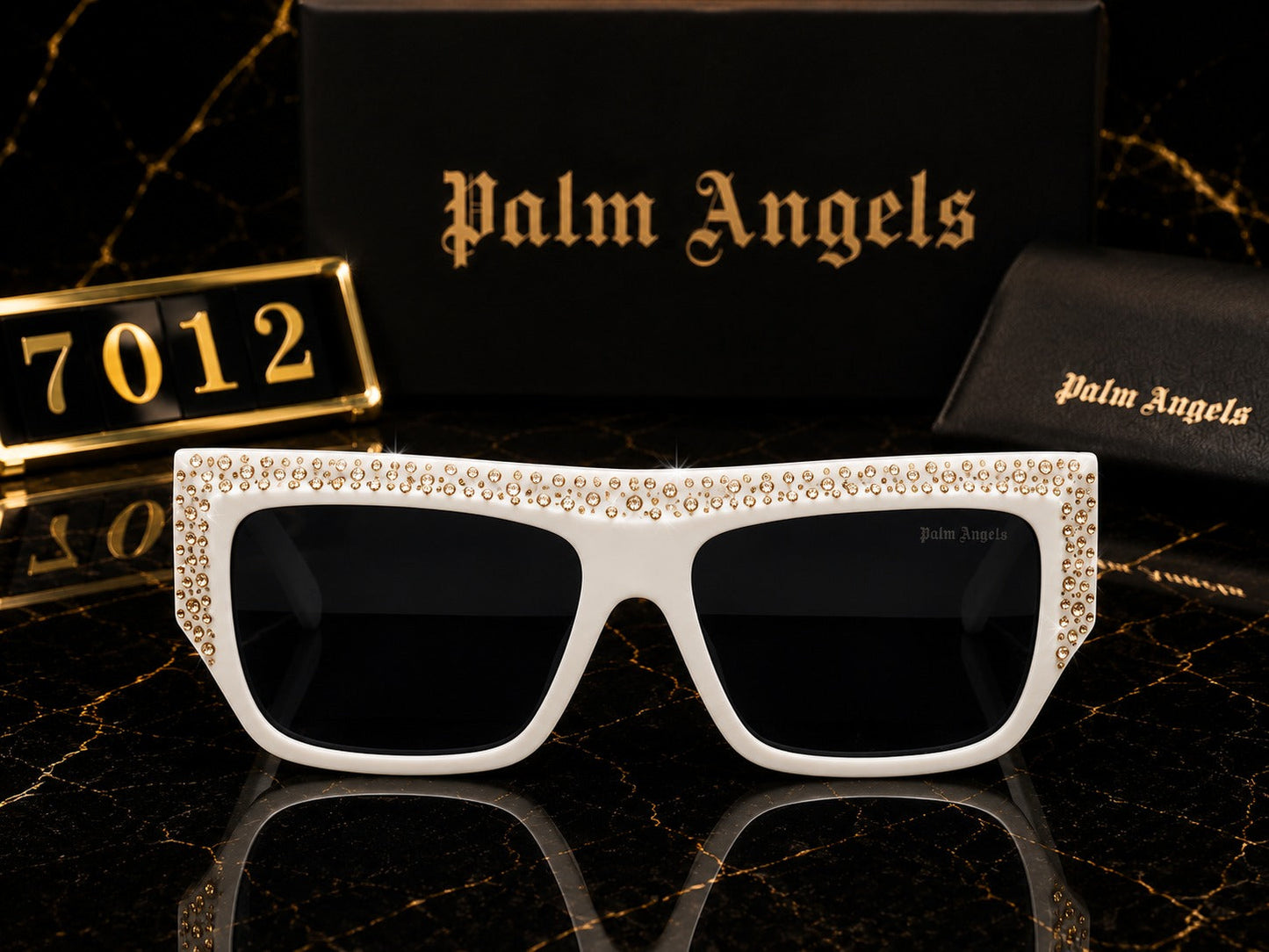 (GS-13) Palm Angels Luxury Crystal Oversized Square Sunglasses – White & Gold | Premium UV400 Eyewear