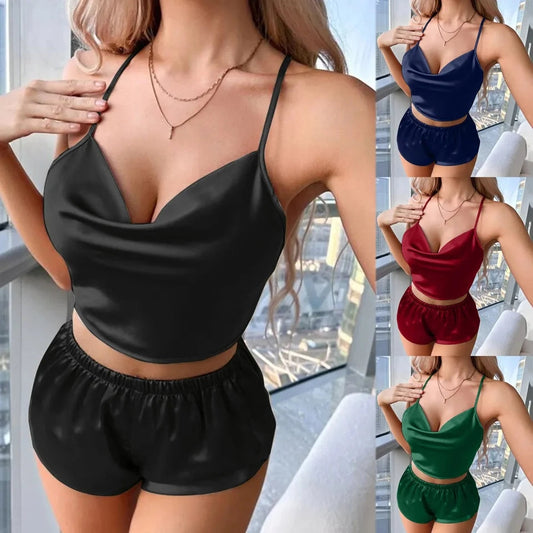 Chk # p65  Womens Silk Ruffled Spaghetti Cami Shorts Sleepwear Suits Ladies Casual Comfy Soft Nightwear